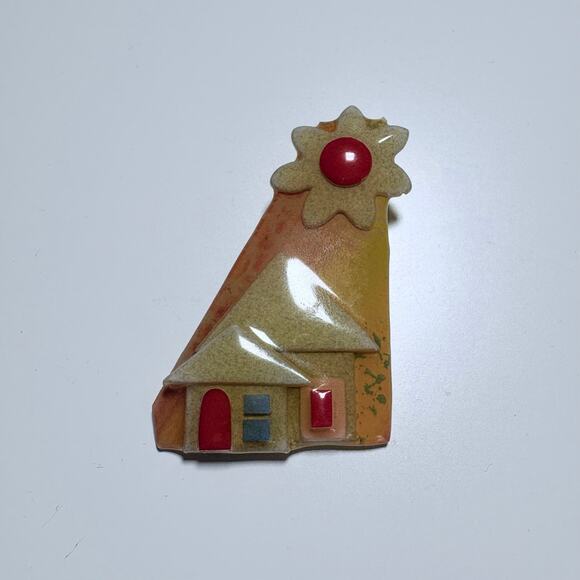 Vintage Lucinda Yates Yellow "House Pin" Brooch - Sun Two Houses - 1990s Jewelry - Picture 1 of 4